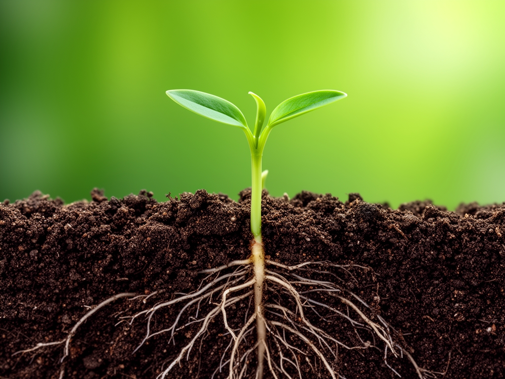 Makro záběr na mladé výhonky rostliny vyrůstající ze zeminy, detail půdy a kořenů v měkkém zeleném světle, symbolizuje růst a přirozený rozvoj