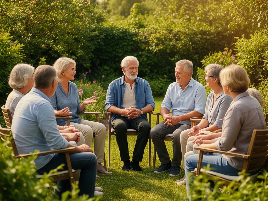 Skupina lidí středního věku sedí v kruhu v zahradě za slunečného odpoledne, rozhovor a sdílení v přirozené atmosféře, zátiší pohody a vzájemné podpory