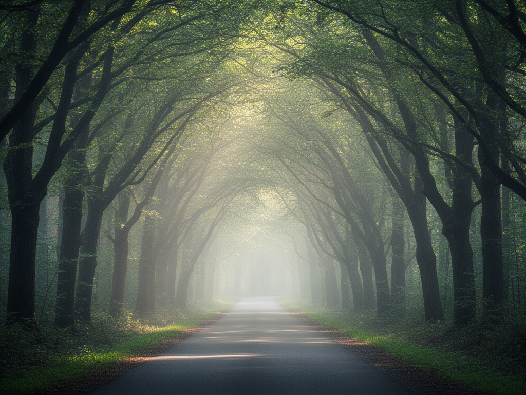 Klidná lesní cesta s měkkým světlem pronikajícím listím, mlhavá atmosféra, stromy tvoří přirozený tunel, pohled do dálky evokuje procházku a čerstvý vzduch