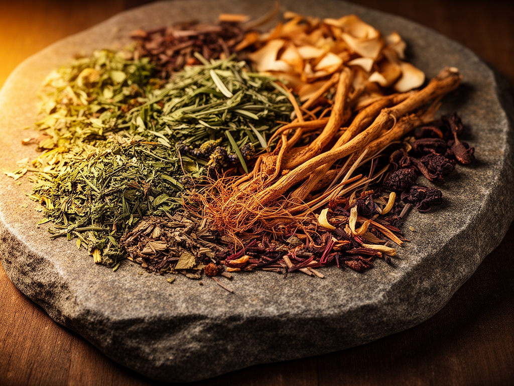 Uspořádané sušené byliny, kořeny a přírodní ingredience na kamenné desce s teplým světlem, tradiční herbalistická estetika s texturami a přirozenými barvami