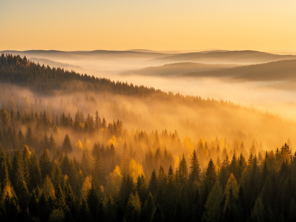 Panoramatický výhled na ranní mlhu nad zalesněnými horami, teplé zlaté světlo svítání prosvítá korunami stromů, atmosférická příroda plná klidu a energie