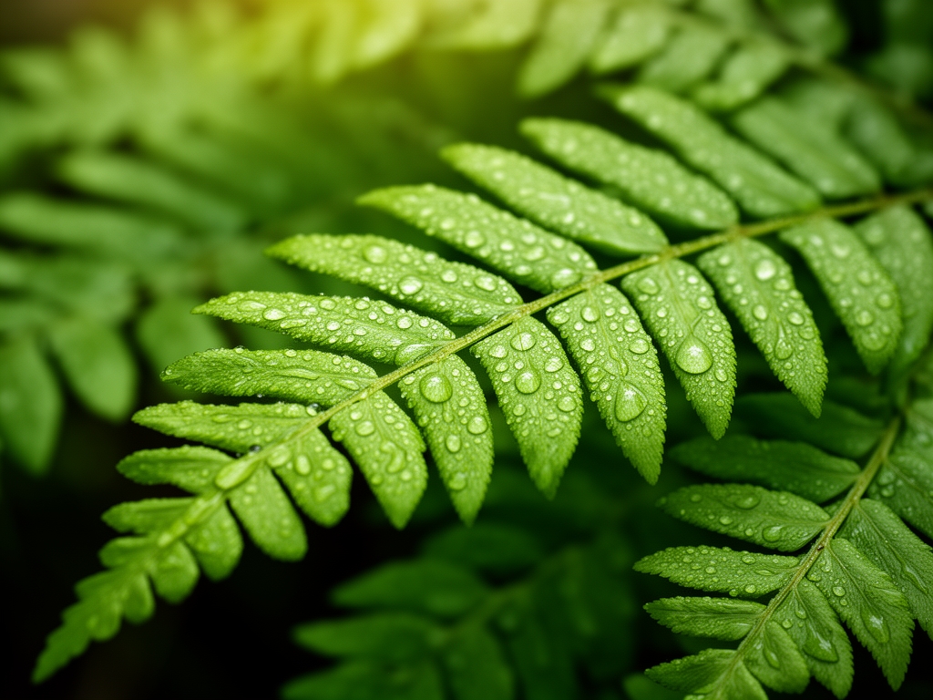 Detailní záběr na čerstvé zelené listy kapradí s kapkami rosy v ranním světle, přirozené textury přírody symbolizující svěžest a životní sílu