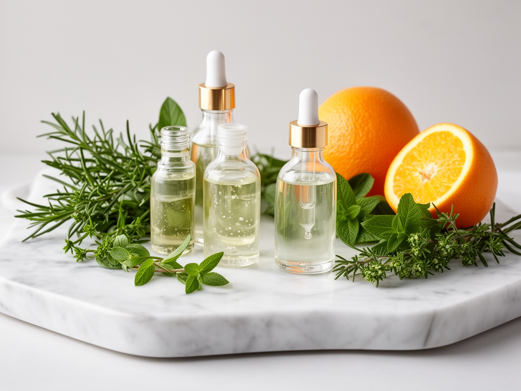 Přírodní produkty péče o pleť – skleněné lahvičky s séry, čerstvé byliny a citrus na mramorové desce, měkké difuzní světlo, minimalistická estetika přirozené krásy