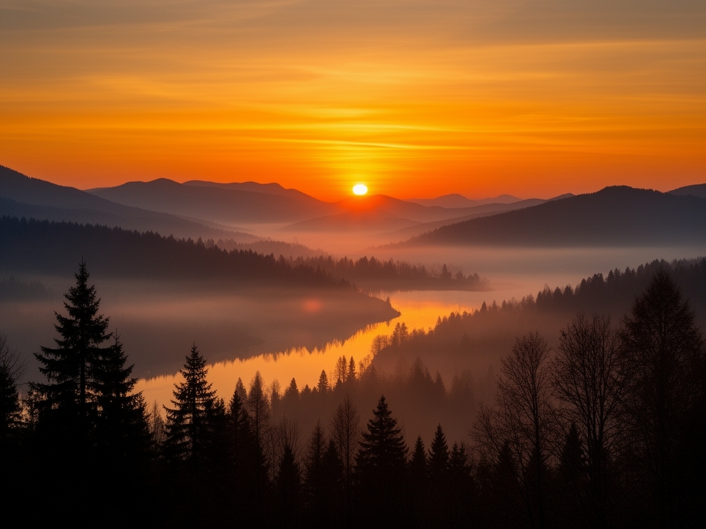 Panoramatický záběr na horskou krajinu při východu slunce, oranžové a zlaté tóny oblohy se odráží v mlhavém údolí, silhuety stromů na popředí, atmosféra svěžesti a nového začátku